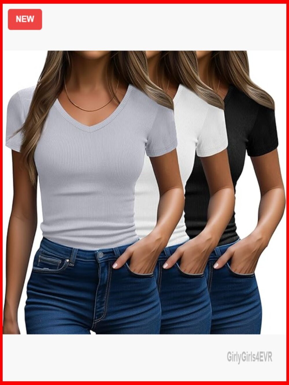 3 Pack Ribbed Short Sleeve V Neck Tops Women Slim Fit T Shirts